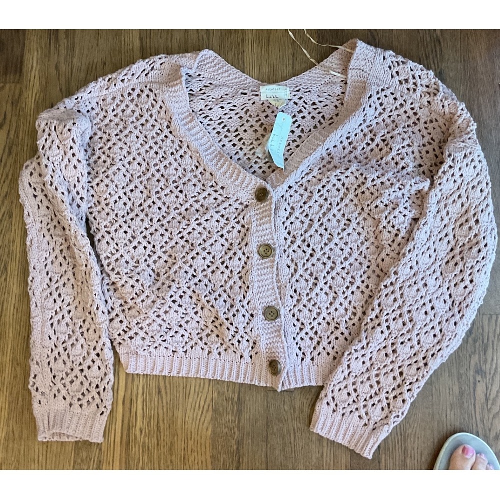 Artelier Nicole Miller Pink Open Knit Button Front Cardigan Sweater XL NWT